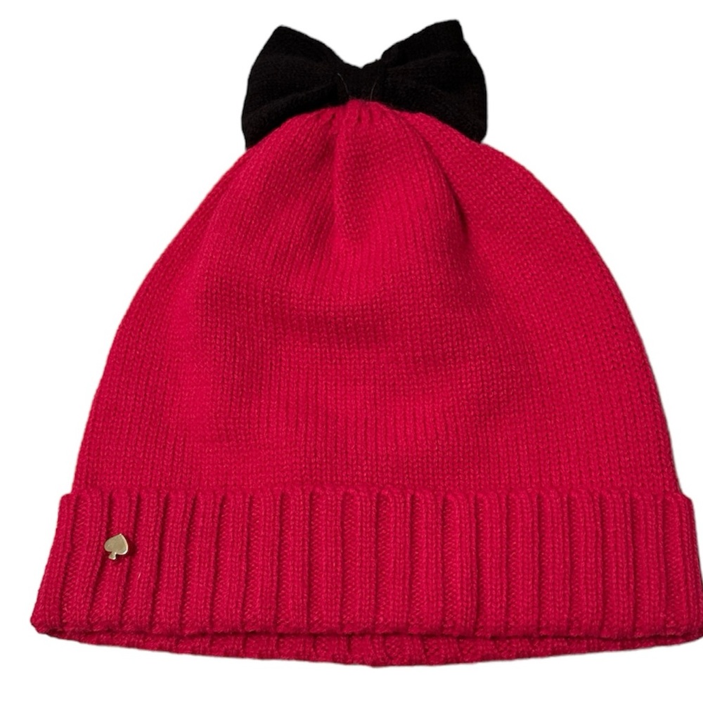 Kate Spade Pink Beanie with Black Bow on top